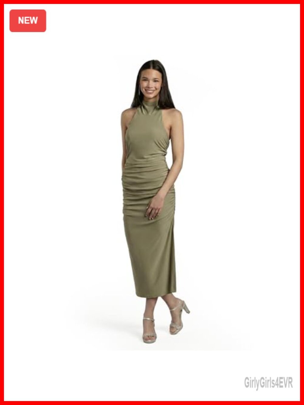 High Neck Fitted Jersey Sheath Midi Dress Formal Cocktail